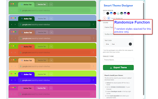 Smart Theme Designer - for Google Chrome :: Create custom Chrome themes in seconds. Use live preview, smart color pickers, and a randomizer to design your perfect browser look.