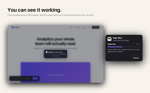 Page Shot :: One click: screenshots the entire scrolled page, opens it in a new tab, and copies it to your clipboard.