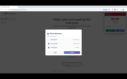 Meeting Cost Calculator :: See how much your meetings really cost in real-time. Calculate meeting expenses based on attendee salaries.