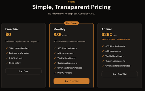 ReplyBrew — AI Review Replies :: Brew perfect review replies in seconds. AI-powered responses that match your business tone, right inside Google Business Profile.