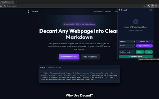 Decant - Web to Markdown Clipper :: Fast, privacy-first web clipper that decants articles and webpages into clean Markdown.