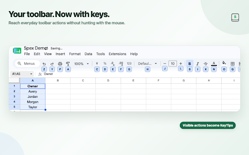 Spex – Excel Shortcuts for Google Sheets™ :: Use Excel-style shortcuts in Google Sheets™ with on-screen KeyTips, Sheets-native commands, and customizable keyboard workflows.