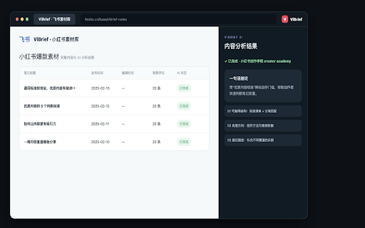ViBrief - 小红书云素材库与 AI 爆款分析 :: 一键采集小红书公开笔记到 ViBrief 云素材库,自动生成爆款分析并支持 CSV 导出;飞书为可选出口。