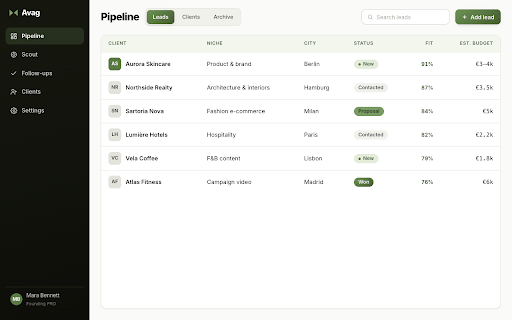 Avag :: Find clients, capture their contact details in one click, and track every lead in your CRM. Built for creators.