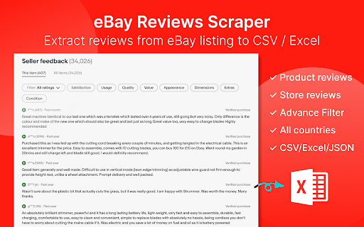 eBay Reviews Scraper - Extract eBay Reviews to CSV/Excel/JSON :: Scrape eBay product reviews to CSV/Excel/JSON. Save eBay reviews to your computer