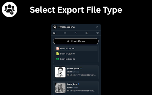 Threads Exporter - Export Threads Followers and Following :: Threads Exporter - Scrape and export Threads followers & following to CSV, Excel, or JSON. Easy social media data tool.