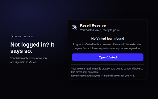 Resell Reserve — Vinted Token Copier :: Copy your Vinted refresh token in one click — no Developer Tools, no digging through cookies. By Resell Reserve.
