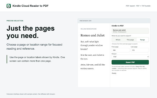 Kindle Cloud Reader to PDF – Export Kindle Books :: Export Kindle Cloud Reader books to searchable PDF or PDF + text. Download a whole book, the current page, or a page range.