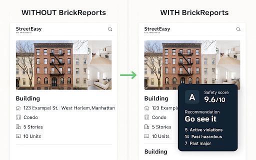 BrickReports - NYC Building Safety :: Instant building safety scores on StreetEasy listings. HPD violations, 311 complaints, owner reputation.