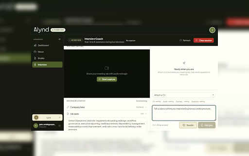 Alynd Application Assistant :: Alynd side panel assistant for uploading a selected CV into job application forms.