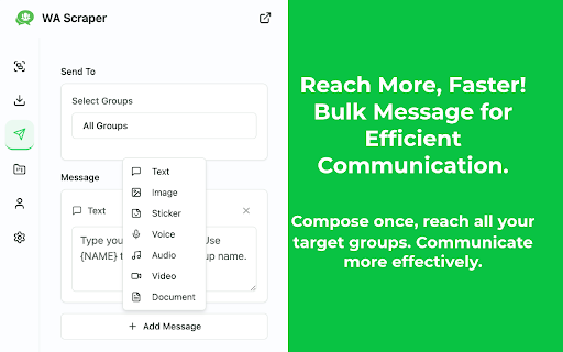 WhatsApp™ Scraper & Bulk Sender & Auto Join - ExtBoost :: Instantly find WhatsApp group links on any webpage. Auto-join, send messages, and manage your groups in bulk with one tool.