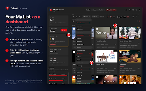 Watch Later Tidy for Netflix: IMDb Ratings & Hidden Categories :: Bring back Netflix's My List page, with IMDb ratings, filters, custom playlists, hidden genres and bulk remove.