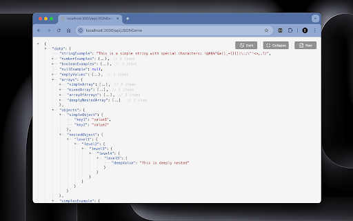 JSONGenie - Beautify, Format & Visualize JSON Instantly :: JSONGenie: View raw JSON in an interactive, collapsible tree with syntax highlighting and raw/parsed toggle for easy navigation.