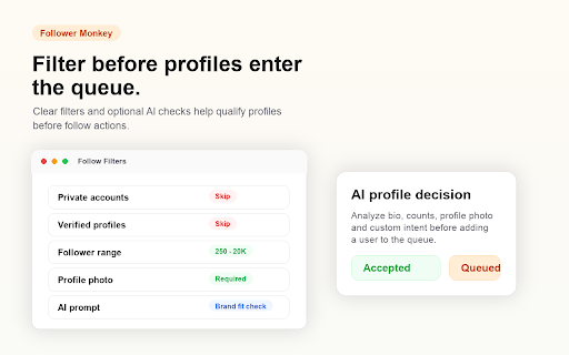 Follower Monkey Auto Follow Unfollow Queues for Instagram™ :: Run Instagram™ auto follow and unfollow workflows using local queues, profile filters, timing settings, and account controls.