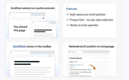 ScrollDock – Smart Scroll Saver :: Automatically remembers your scroll position on websites. Return later and pick up reading right where you left off.