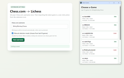 Chess.com -> Lichess One-Click Import :: Import your latest Chess.com game into Lichess analysis in one click.
