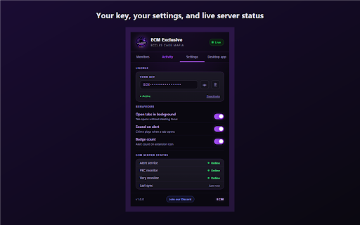 ECM Exclusive :: Real-time drop alerts for Pokémon Center and Very. Opens the product the moment a drop goes live. Requires an ECM licence key.