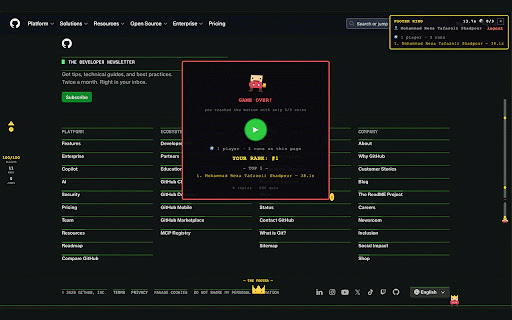 Footer King :: Turn any webpage into a retro platformer. Run, jump, grab coins and reach the footer to claim your crown!