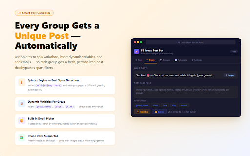 Facebook Groups Post Bot :: Automatically post to multiple Facebook groups. Schedule posts, manage campaigns, track history, and grow your reach with one click.