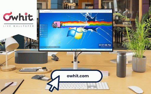 Nyan Cat Live Wallpaper :: Iconic Nyan Cat with rainbow trail flying across cracked blue Windows desktop background.