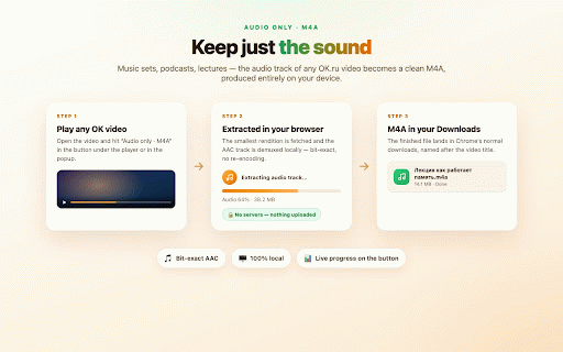 OK.ru Video & Audio Downloader :: Download OK.ru (Odnoklassniki) videos as MP4 in any quality or audio only as M4A — popup + download button under every video.