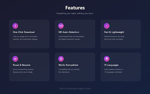 Click to Download Images | Futoo :: Click any image to instantly download it. Simple, fast, and lightweight image downloader for your browser.