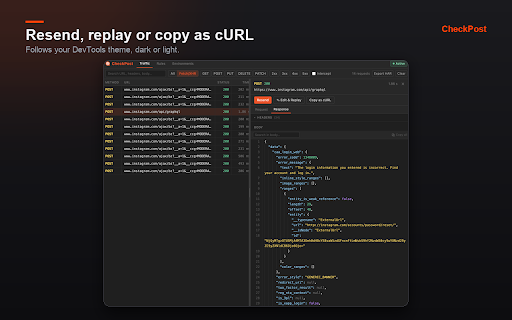 CheckPost :: A DevTools panel to observe, intercept, mock, modify, replay, and export HTTP traffic.