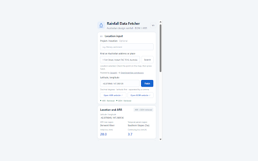 Rainfall Data Fetcher :: Fetches IFD data from BOM and rainfall data from ARR based on coordinates.