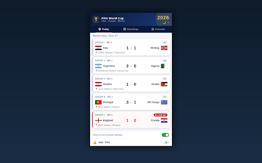 FIFA World Cup 2026 :: Live scores, schedule, standings & reminders for FIFA World Cup 2026 (USA, Canada, Mexico).