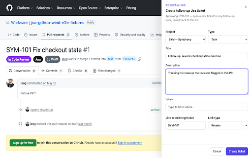 Workvane: Jira + GitHub Wind :: Show Jira Cloud state, workflow actions, and ticket suggestions inside GitHub pull requests.