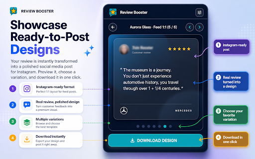 Review Booster :: Design editor for social media posts. Turn customer feedback into polished branded templates for your business.