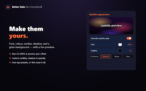 Better Subs for Crunchyroll :: Mix and match subtitle and audio languages on Crunchyroll, with a custom subtitle overlay and adjustable size, sync, and style.