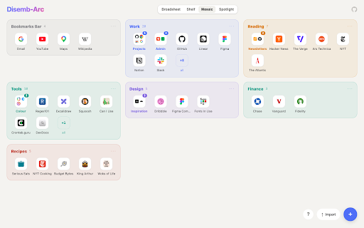Disemb-Arc :: Turn your Chrome bookmarks bar into a drag-and-drop new tab page, in four switchable layouts