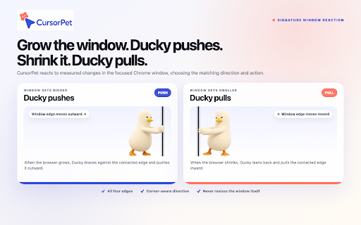 CursorPet — Ducky Cursor Pet :: A playful Chrome cursor pet: Ducky follows, rests, reacts to Magic Circles, and walks along YouTube progress bars.