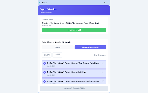 Cepub - Clean EPUB from Any Article :: Create clean, distraction-free EPUBs from web articles. Automatically strips ads, navigation, headers, footers, and clutter.