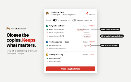 Duplicate Tab Finder :: Finds and closes duplicate tabs to clean up your browser's tabs.