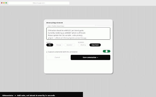 UIAnnotator — Annotate any website for AI agents :: Annotate any webpage for AI agents. Capture CSS selectors, styles & screenshots. Paste into Claude or Cursor for instant fixes.