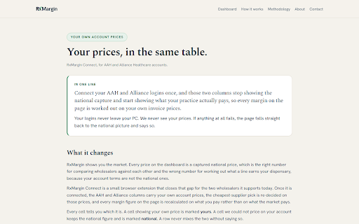 RxConnect :: Shows your own wholesaler account prices in the RxMargin dashboard. Your logins never leave your PC. We never see your prices.