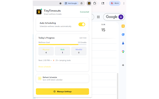 TinyTimeouts :: Intelligently schedules short wellness breaks in your Google or Outlook calendar to help you move and recharge.