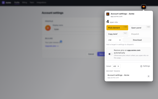 nitz :: Pin DOM-anchored feedback, export a token-lean brief for coding agents, dispatch with a signed KYA-OS delegation.