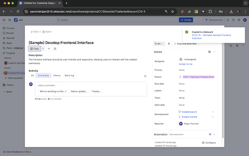 Jira Copy Helper :: A convenient Copy button to Jira issue pages with dropdown options for copying ticket ID, title, URL, or formatted links.