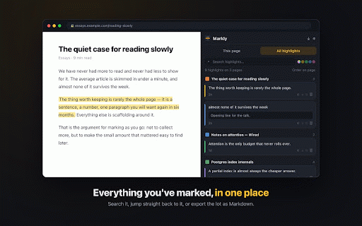 Markly — Highlight & Save Any Page :: Highlight text on any page. Your marks come back when you return, and one panel keeps everything you've ever marked.