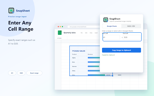 SnapSheet - Spreadsheet Screenshot Tool :: Copy ranges as images from Google Sheets (Sheets site only), XLSX, or CSV.