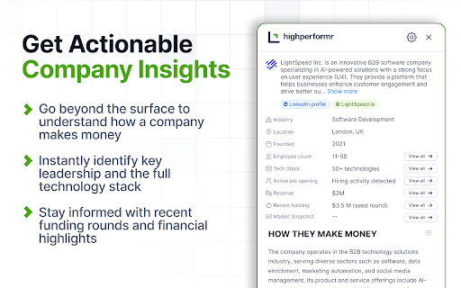 Highperformr AI - Phone Number and Email Finder :: Highperformr AI – Prospect Smarter
Turn your workflow into a powerful prospecting and research experience with the Highperformr AI…