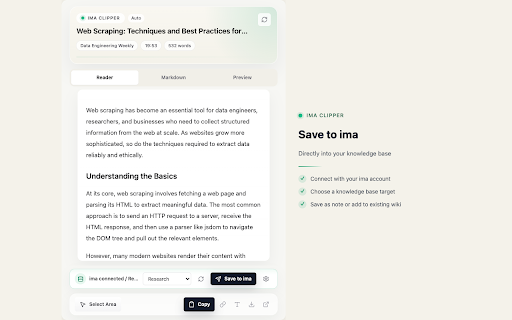 Web Clipper for ima :: Extract web pages into clean Markdown for ima knowledge capture.