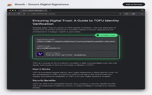 Vouch Protocol :: Sign and verify text with cryptographic proof. Trust-On-First-Use identity verification.
