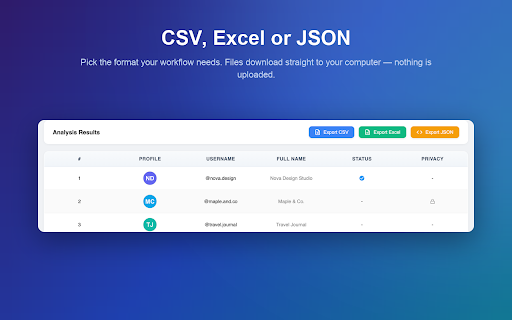 Follower Export – Following, Likes & Comments to CSV, Excel :: Export followers, following, likes & comments to CSV, Excel or JSON in one click. Fast, private, no password needed.