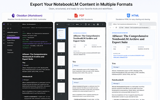 AISaver: NotebookLM Workspace :: Import AI chats and web content into NotebookLM, then export NotebookLM conversations and Studio Notes as clean local files.