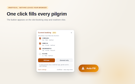 Auto Fill Tirupati TTD Darshan (Unofficial) :: Unofficial. Fills Tirumala / Tirupati (TTD) darshan booking forms from details saved only in your browser.
