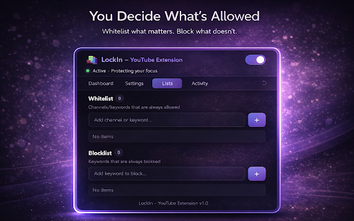 LockIn – Study-Only YouTube Extension :: Blocks distracting YouTube content and allows only study-related videos to help you stay focused.